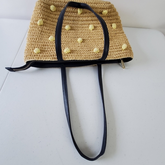 Talbots Paper Straw Bag with Leather Straps and Pom Poms Top Zip Beach Coastal - Picture 14 of 16
